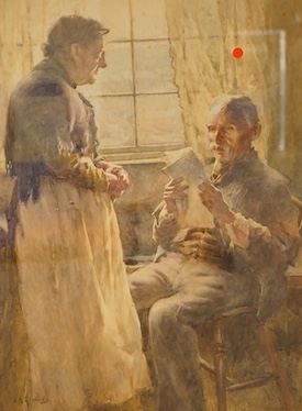 Albert George Stevens (1863-1927), Interior scene with two elderly figures before a window, signed, watercolour, 44 x 32cm